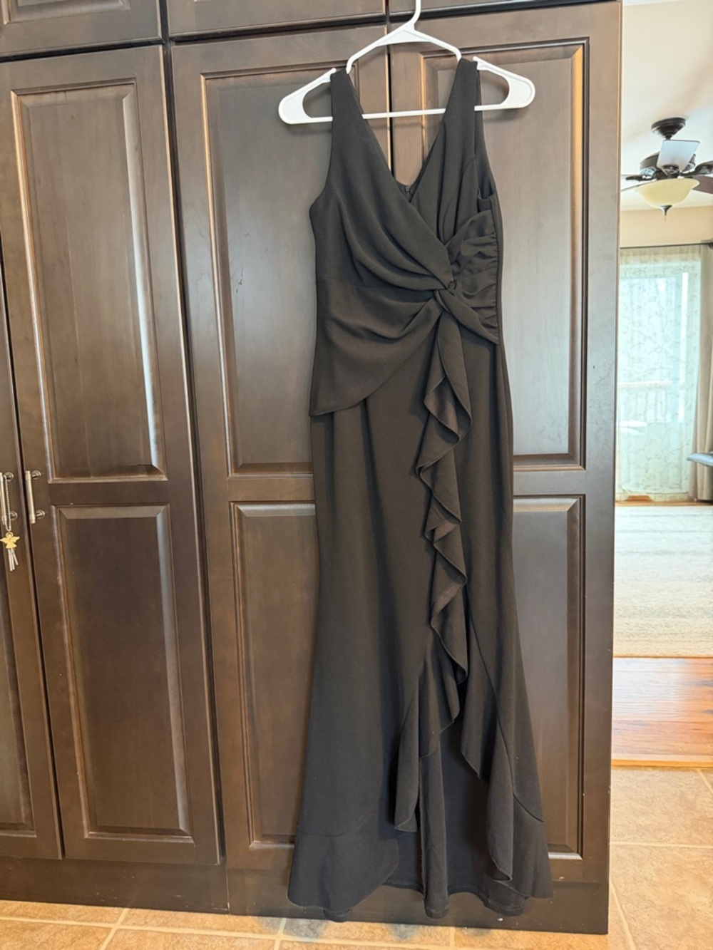 Elegant Black Ruffle-Front Evening Dress